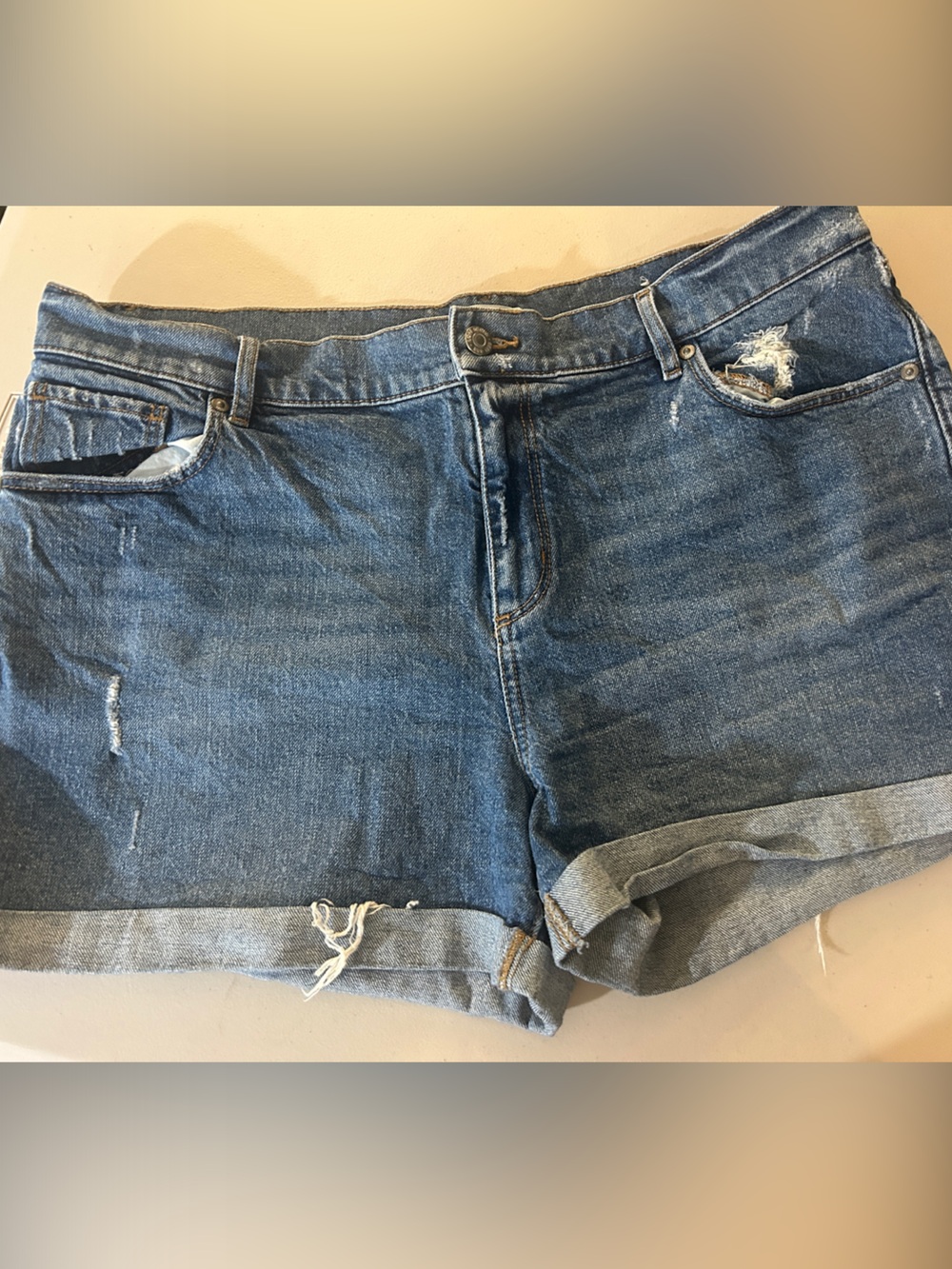LOFT Distressed Rolled-Hem Denim Shorts — Medium Blue